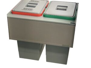 Elletipi 2x24L waste bin for 450mm cabinet with Blum Legrabox drawer as a kitchen cupboard waste bins solution.