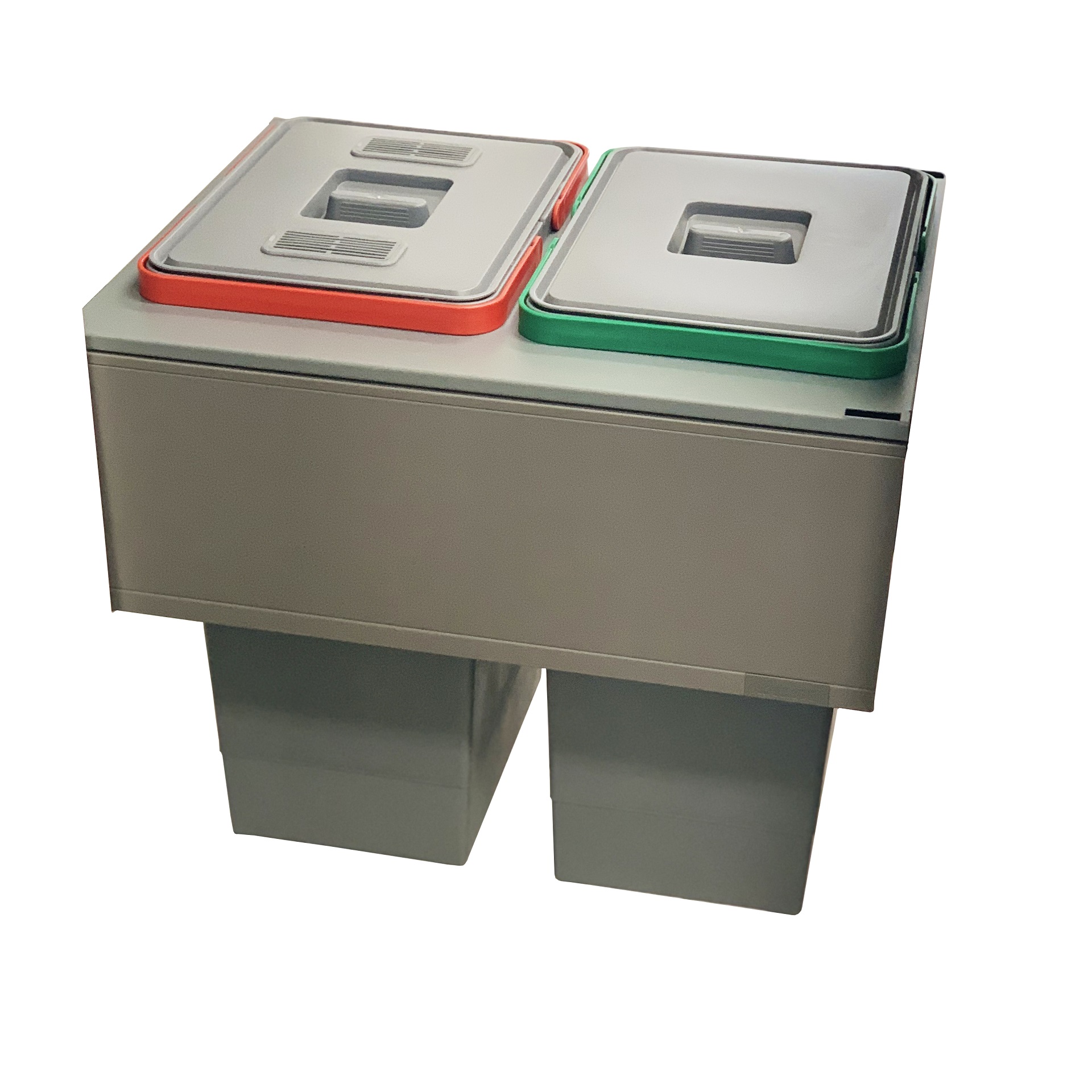Elletipi 2x24L waste bin for 450mm cabinet with Blum Legrabox drawer as a kitchen cupboard waste bins solution.