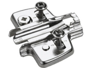 Hinge plate with height adjustment and expanding sockets suitable for durable kitchen cabinet hinge applications.